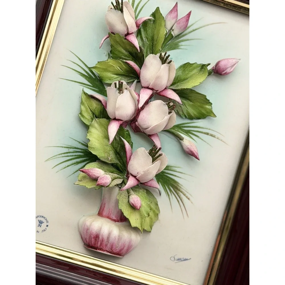 Capodimonte Italy Porcelain 3D Floral Art Framed High Relief Simonetti Signed